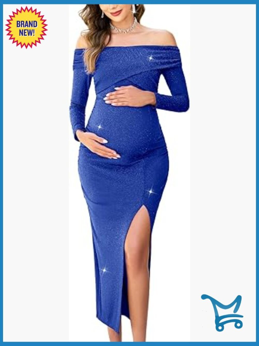 Off Shoulder Maternity Sparkly Split Dress Long Sleeve Fitted Photoshoot